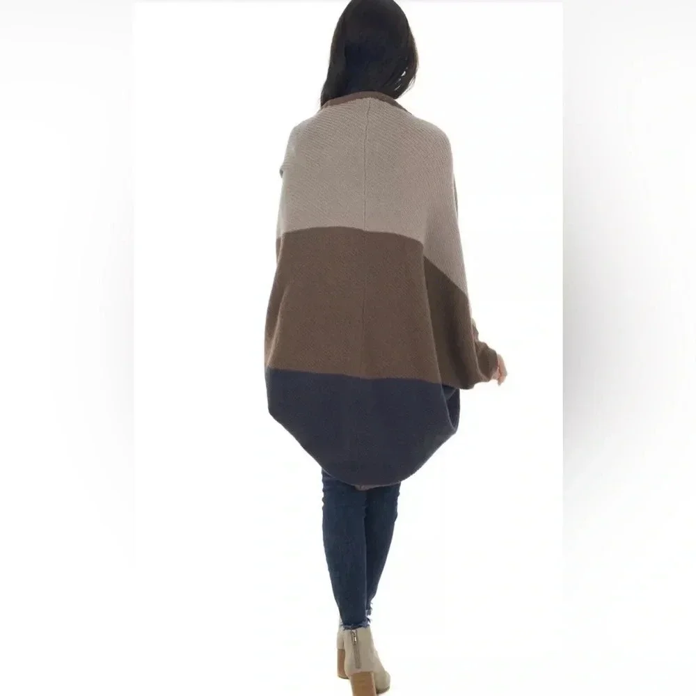 Sand/blue/brown Colorblock Dolman Sleeve Cocoon Cardigan one size shall